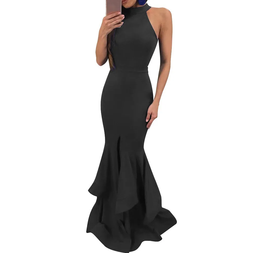 Bare Shoulder Solid Color Split Women Long Mermaid Party Dress