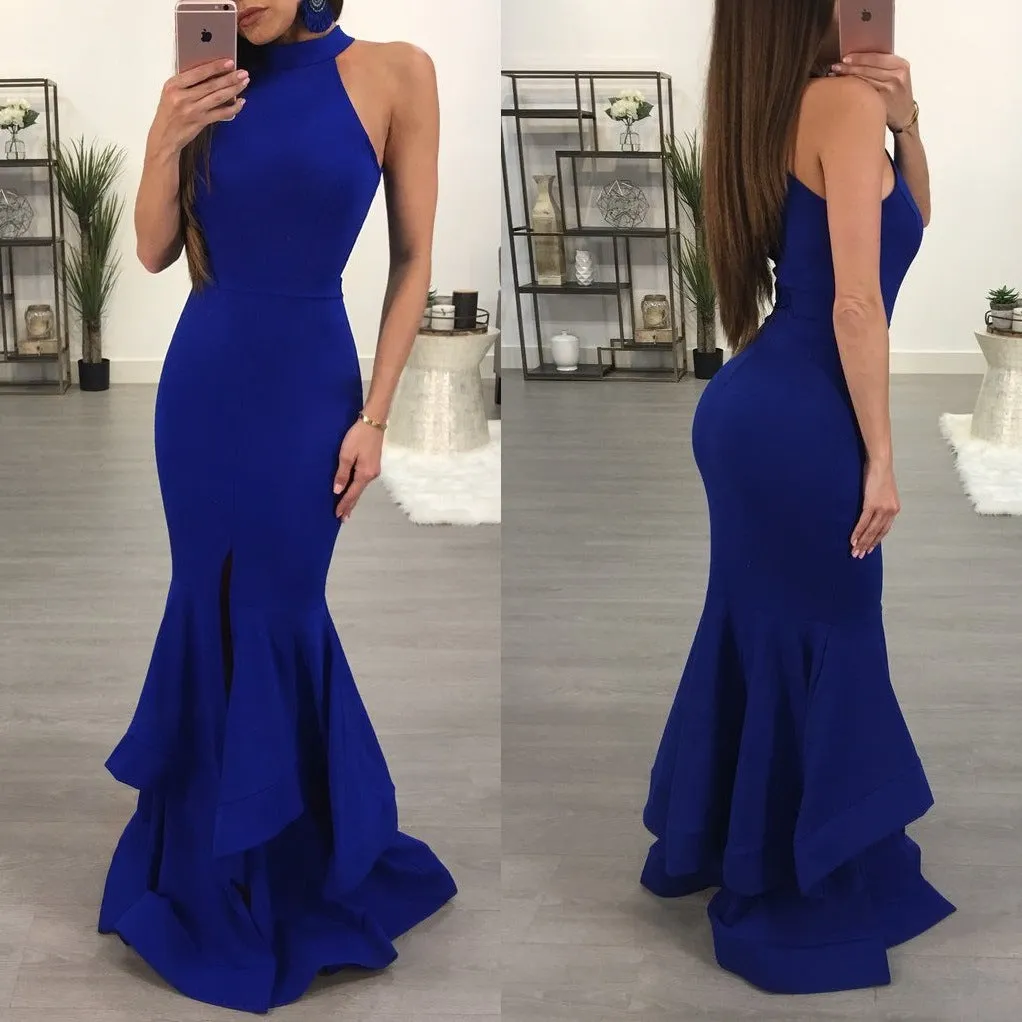 Bare Shoulder Solid Color Split Women Long Mermaid Party Dress