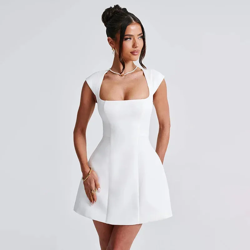Black Friday Joskaa Fashion Square Collar Vest Mini Dress For Women Elegant Birthday Party Clothes A-Line High Waist Solid Patchwork Dress