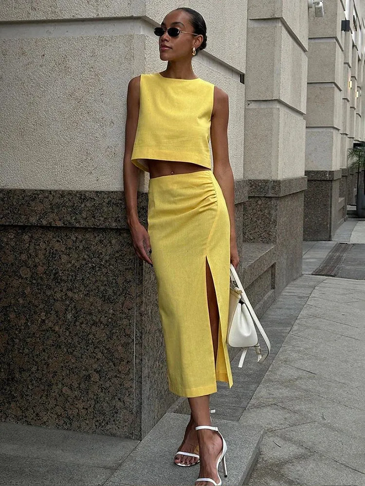 Black Friday Joskaa Linen Vest Suit Fashionable Round Neck Sleeveless Top And Side Slit Long Skirt Two Pieces Set Slim Casual Solid Color