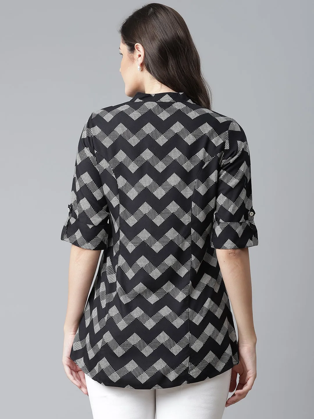 Black Rayon Zigzag Print Top
