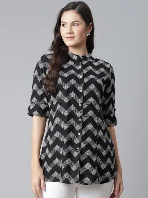 Black Rayon Zigzag Print Top