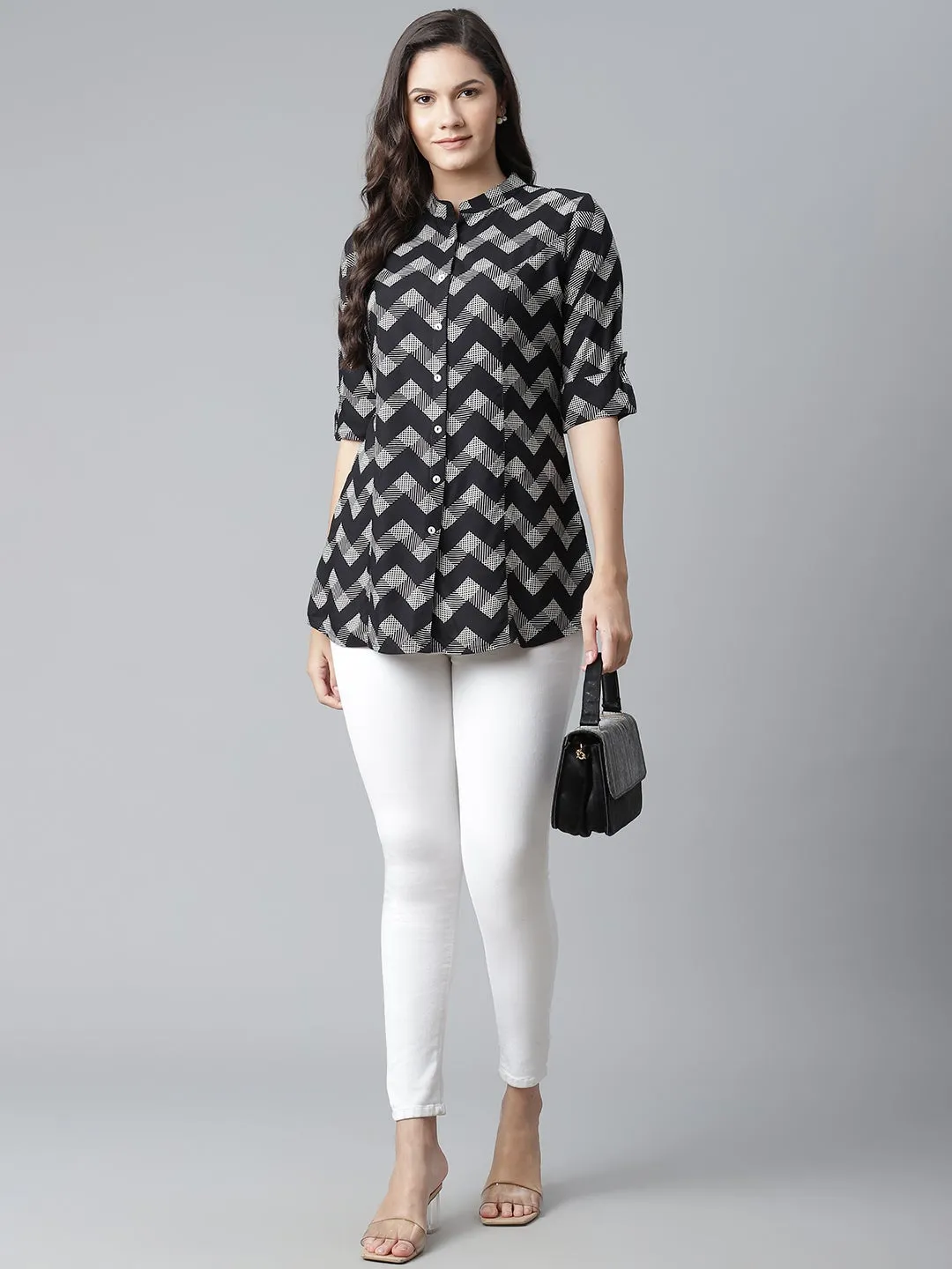 Black Rayon Zigzag Print Top