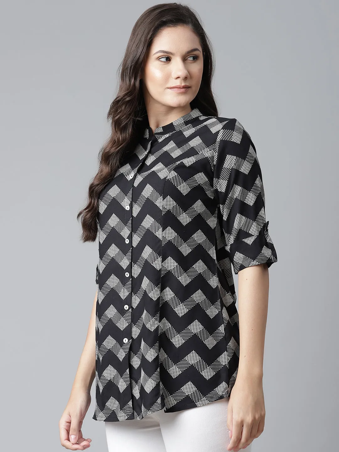 Black Rayon Zigzag Print Top