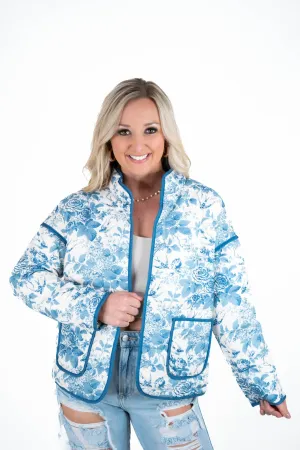 Blue Floral Print Quilted Jacket