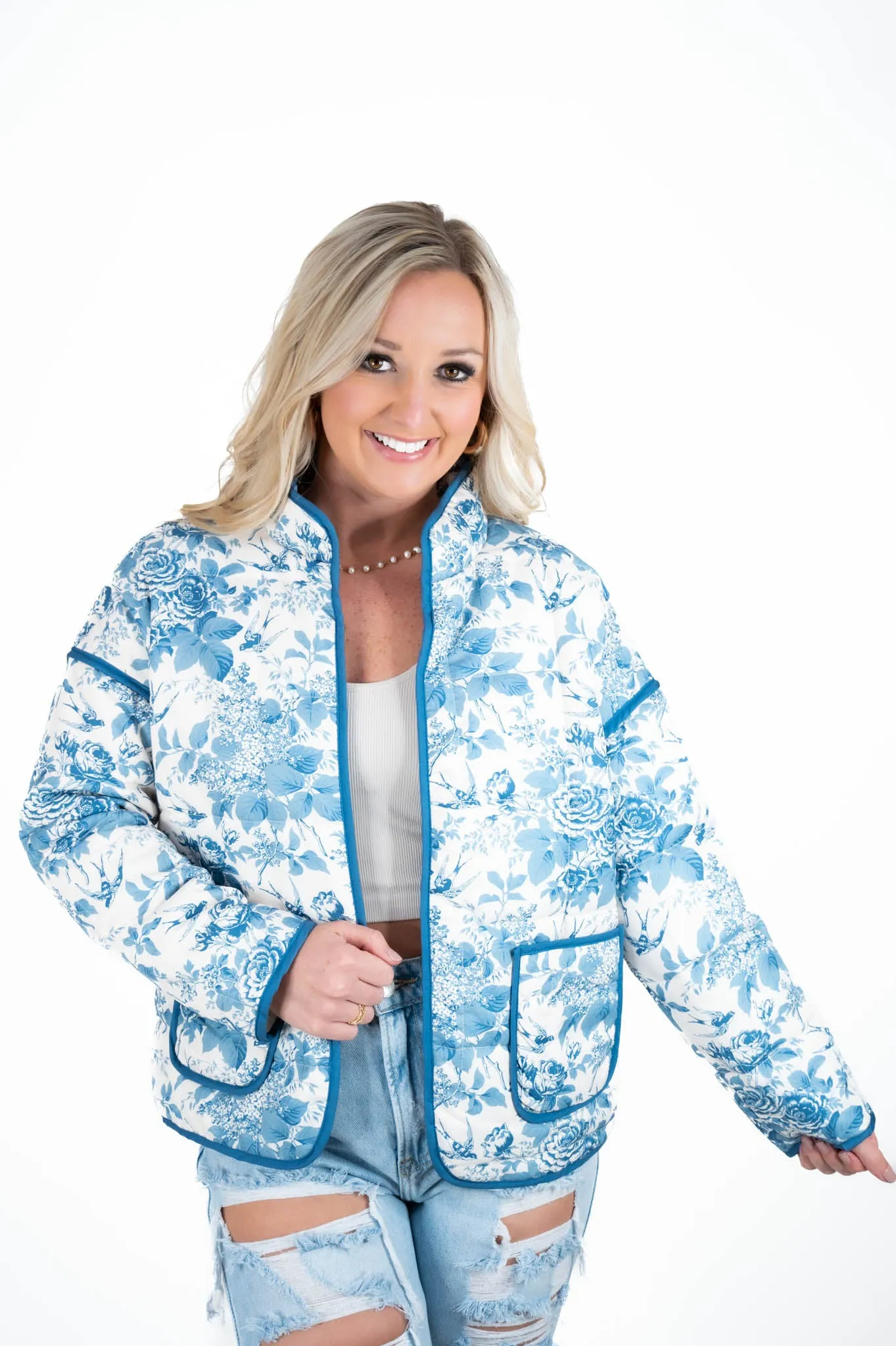Blue Floral Print Quilted Jacket