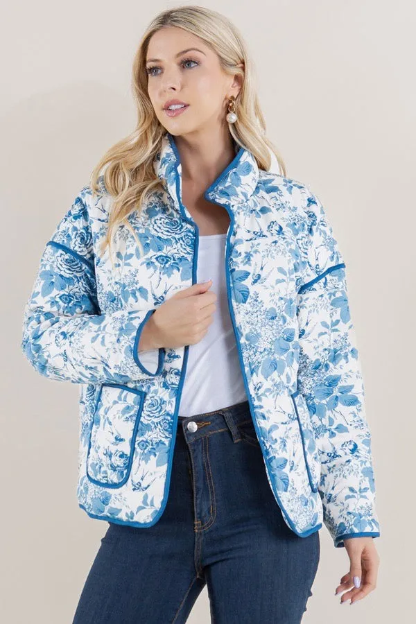 Blue Floral Print Quilted Jacket