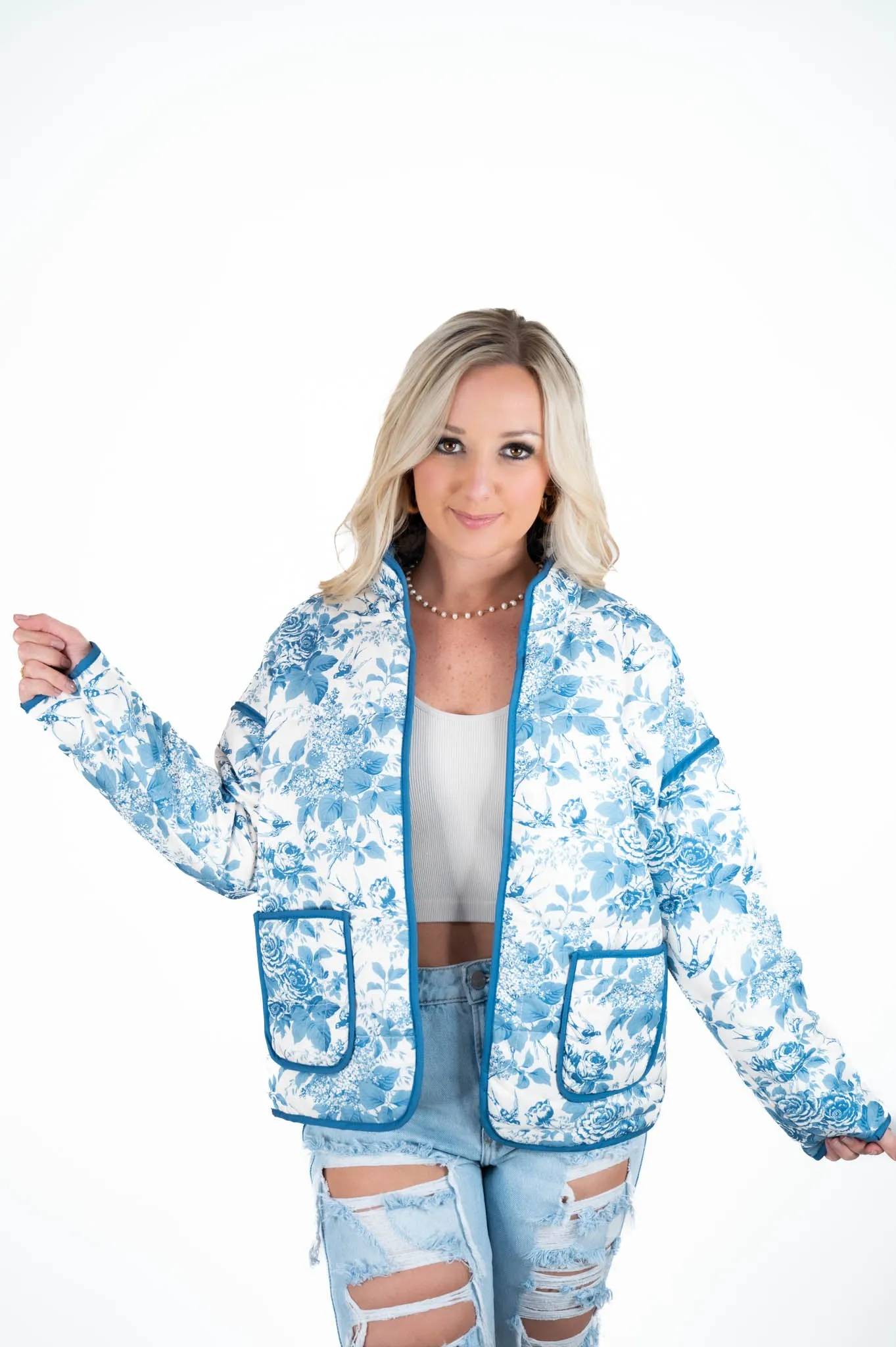 Blue Floral Print Quilted Jacket