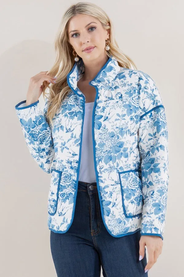 Blue Floral Print Quilted Jacket