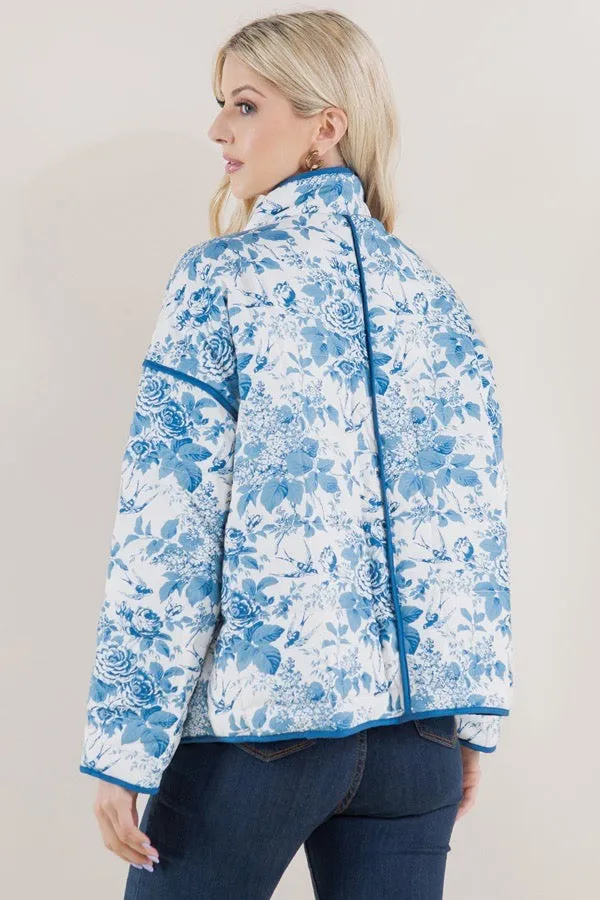 Blue Floral Print Quilted Jacket