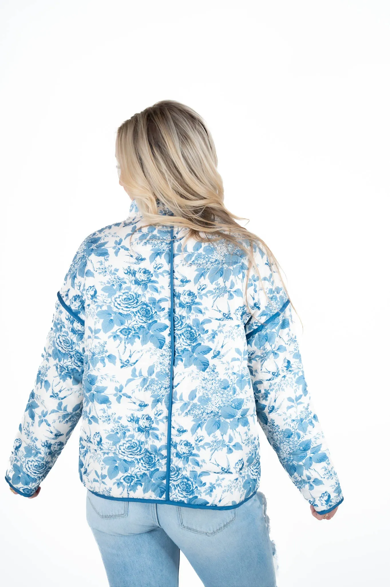 Blue Floral Print Quilted Jacket