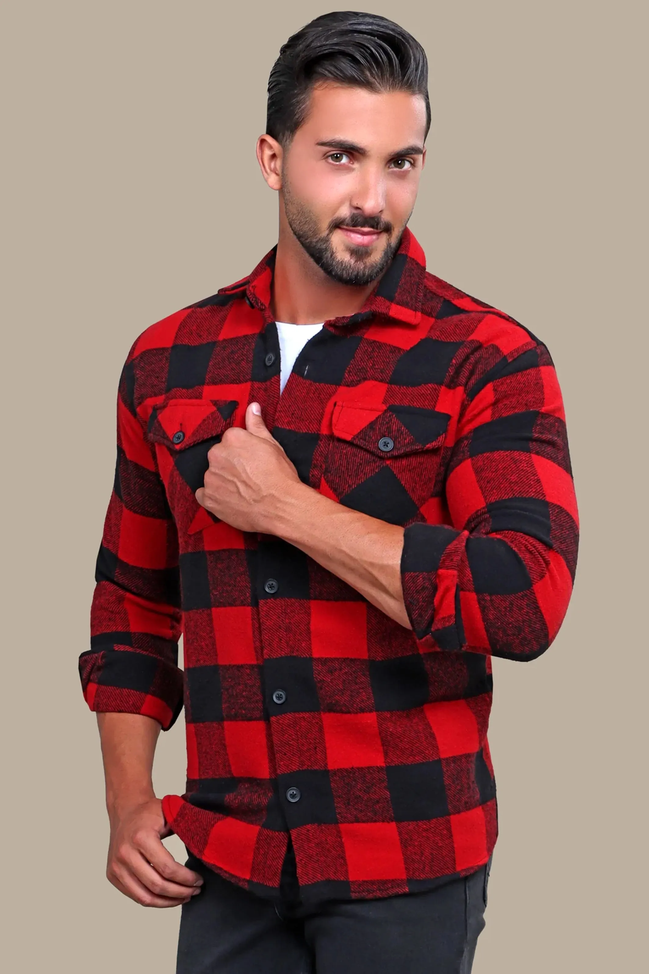 Checked Red Overshirt with Flap Pockets