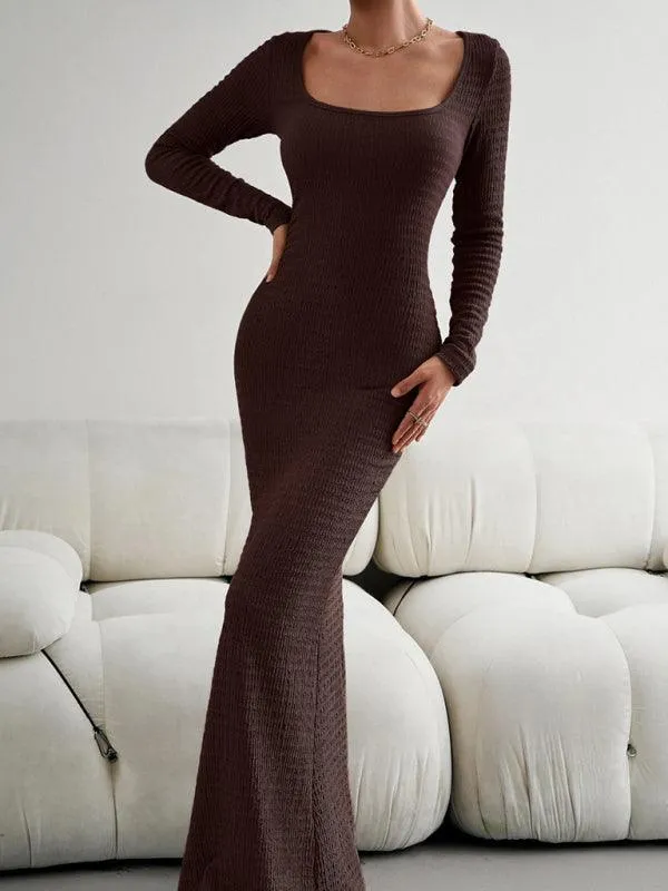 Chic Long Sleeve Square Neck Knit Dress for Women - Perfect for Any Occasion