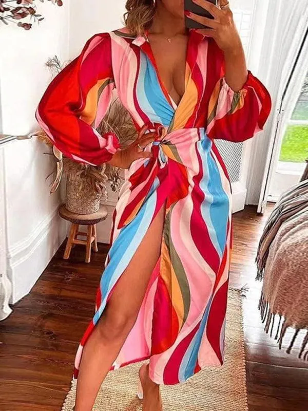 Chic Printed Lantern Sleeve Midi Dress with Tie Slit Detail