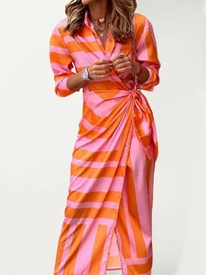 Chic Printed Lantern Sleeve Midi Dress with Tie Slit Detail