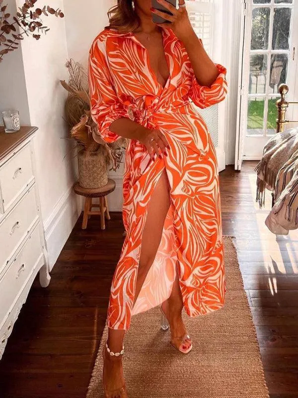 Chic Printed Lantern Sleeve Midi Dress with Tie Slit Detail