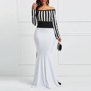 Elegant Sheath Women Off Shoulder Long Sleeve Black Stripes White Bodycon Maxi Mermaid Party Dress