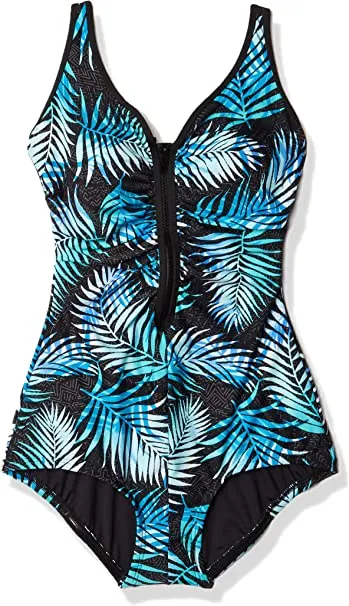 Gabar Chlorine Resistant Shirred Zip Front One Piece Swimsuit - Aqua Beauty - FINAL SALE
