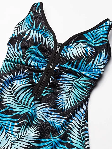 Gabar Chlorine Resistant Shirred Zip Front One Piece Swimsuit - Aqua Beauty - FINAL SALE
