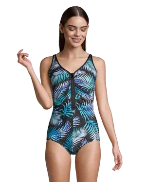 Gabar Chlorine Resistant Shirred Zip Front One Piece Swimsuit - Aqua Beauty - FINAL SALE