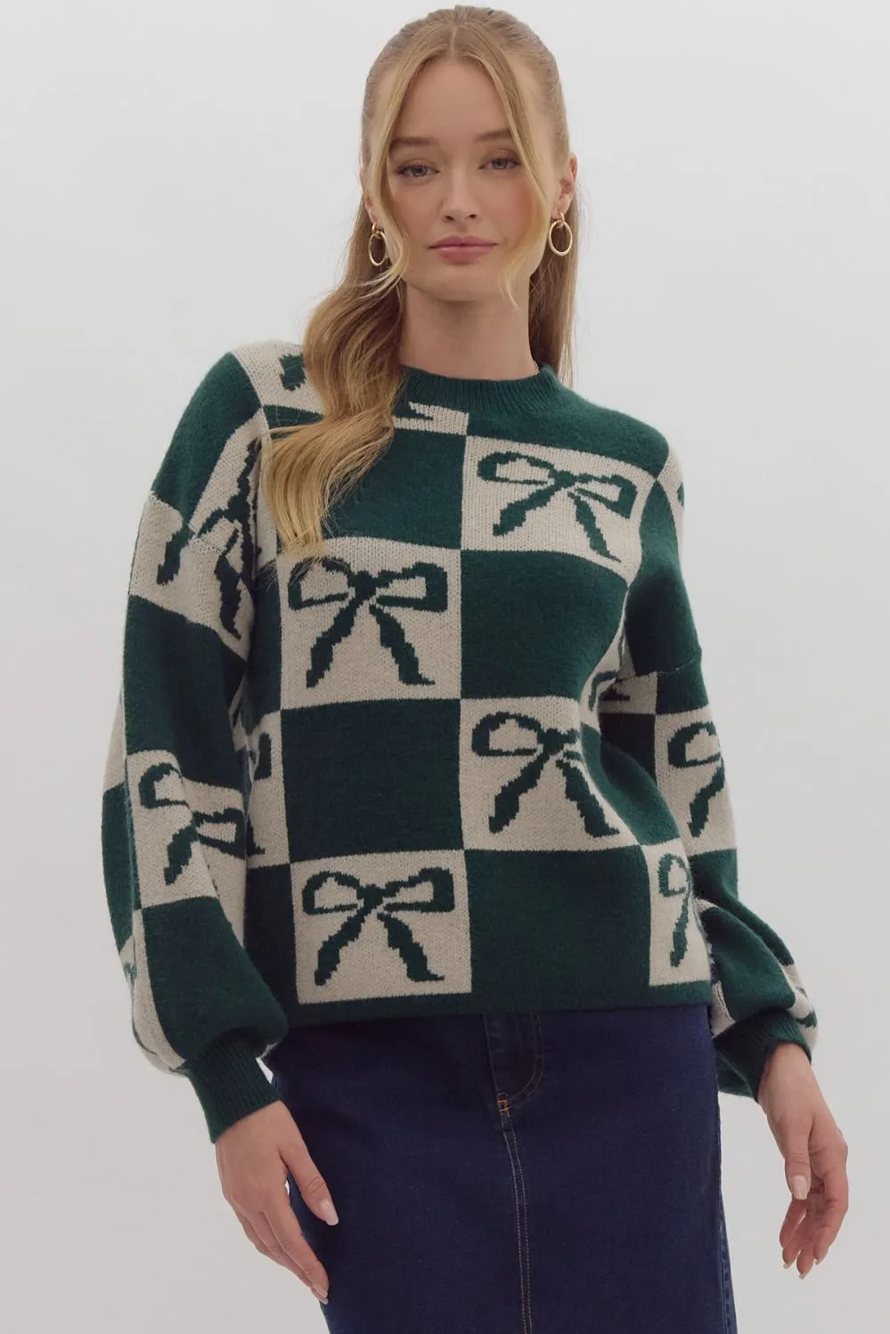 Green Color Block Bow Sweater