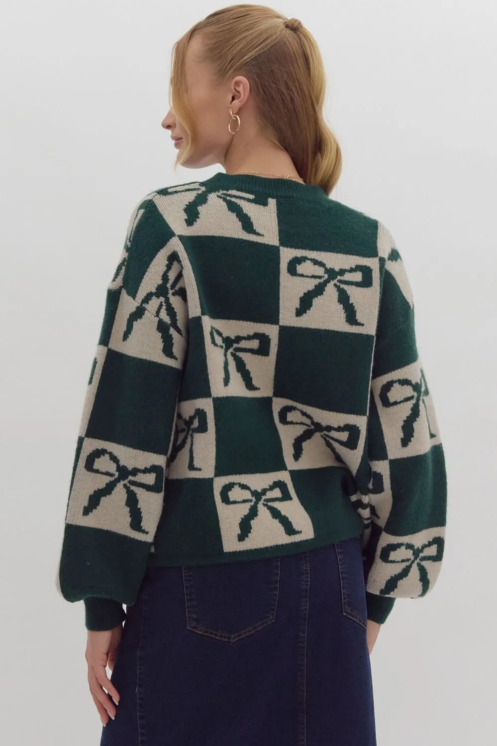 Green Color Block Bow Sweater