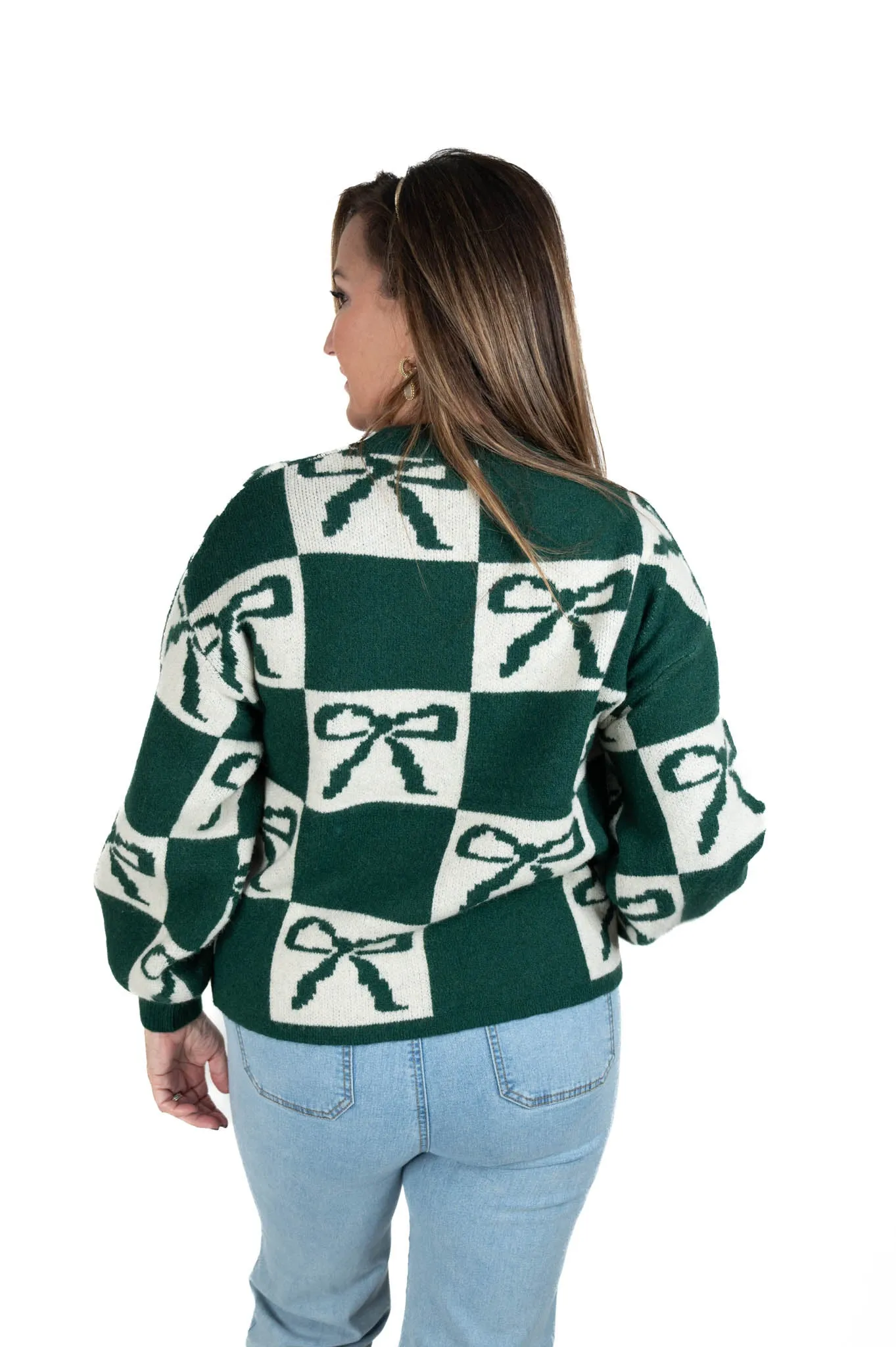 Green Color Block Bow Sweater