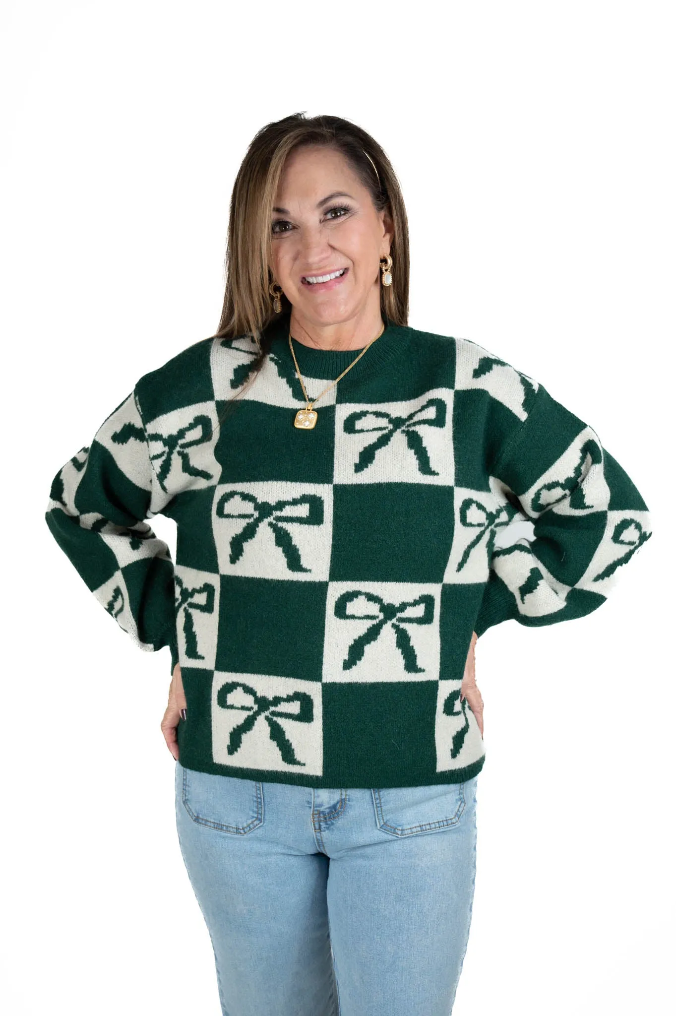 Green Color Block Bow Sweater