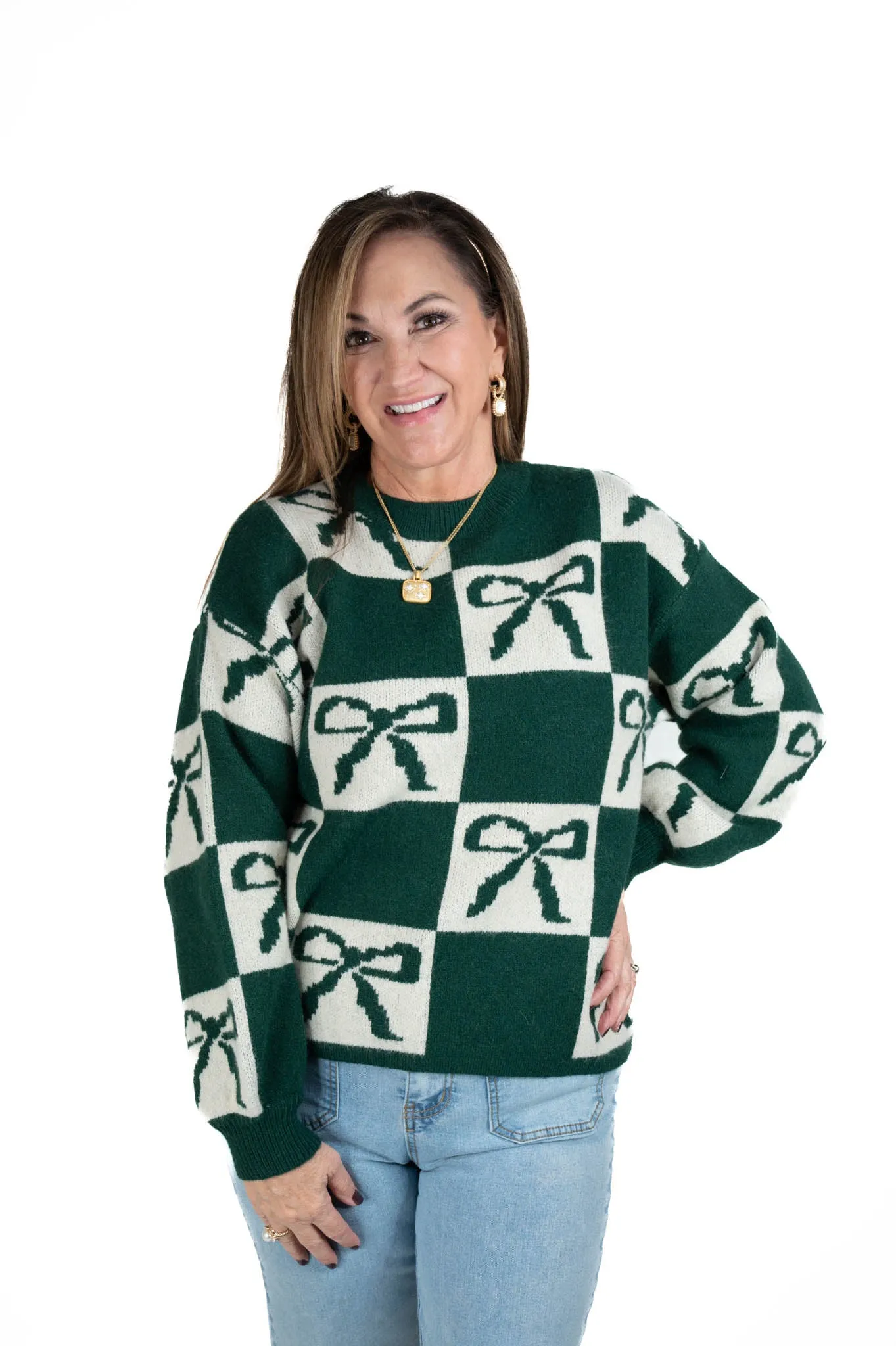 Green Color Block Bow Sweater
