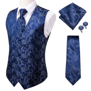 Hi-Tie 20 Color Silk Men&#39;s Vests and Tie Business Formal Dresses Slim Vest 4PC Hanky cufflinks for Suit Blue Paisley Waistcoat