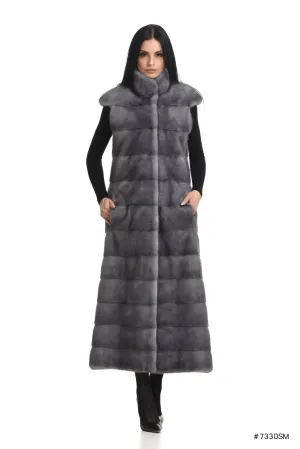 Long mink vest with stand up collar