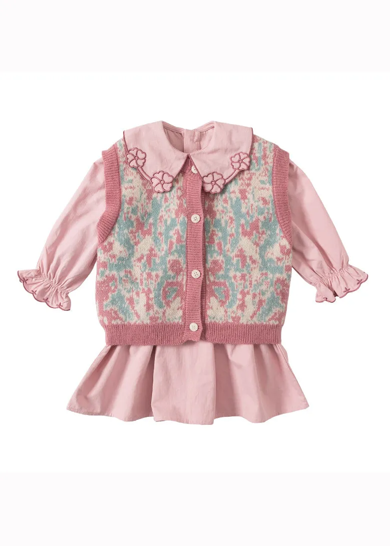 Lovely Pink Floral Vest And Dresses Cotton Baby Girls Two Pieces Set Fall LY9936