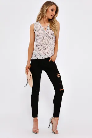 Multi Floral Print Lace Up Top