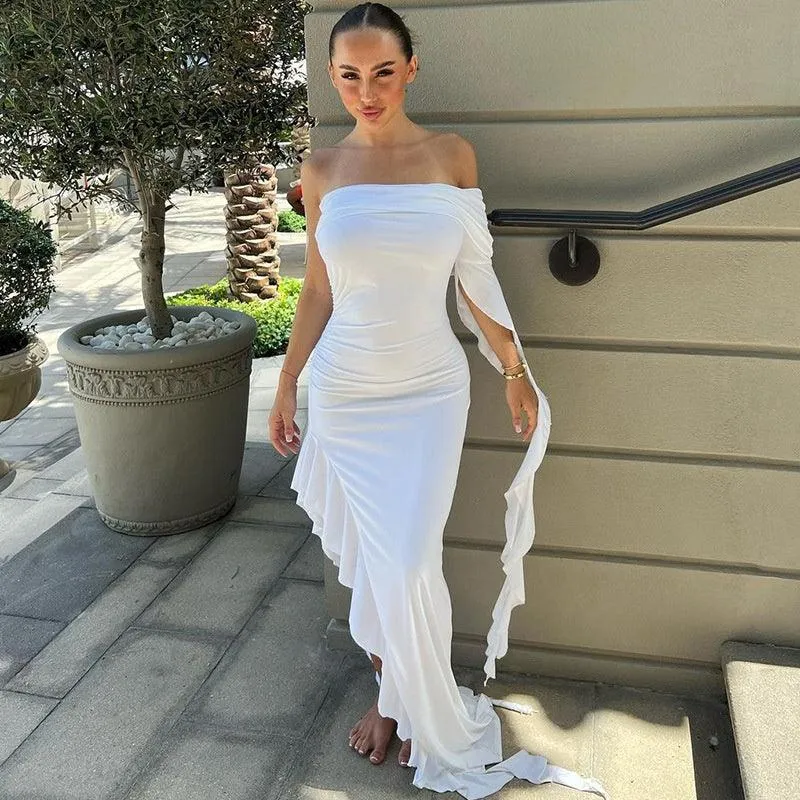 Off-shoulder Backless Ruffle Thigh High Split Maxi Dress