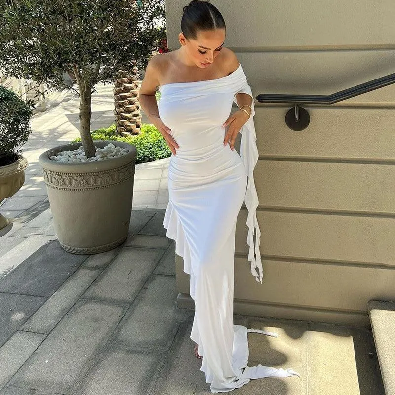 Off-shoulder Backless Ruffle Thigh High Split Maxi Dress