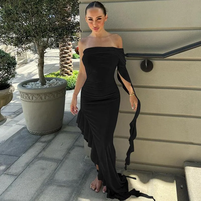 Off-shoulder Backless Ruffle Thigh High Split Maxi Dress