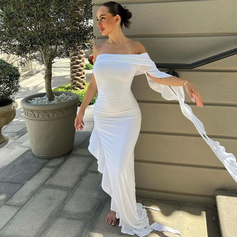 Off-shoulder Backless Ruffle Thigh High Split Maxi Dress