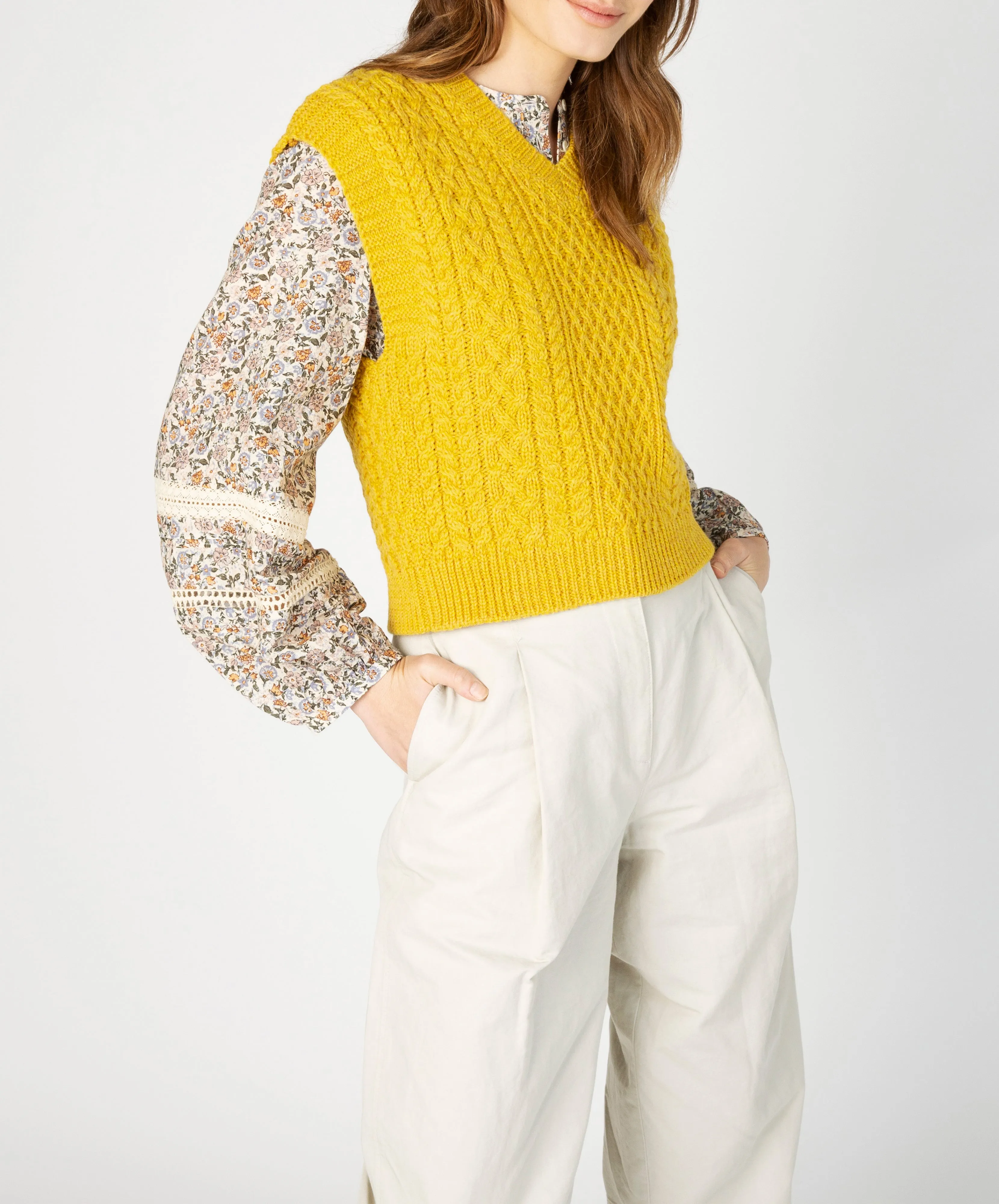 Pansy V-Neck Aran Vest Sunflower