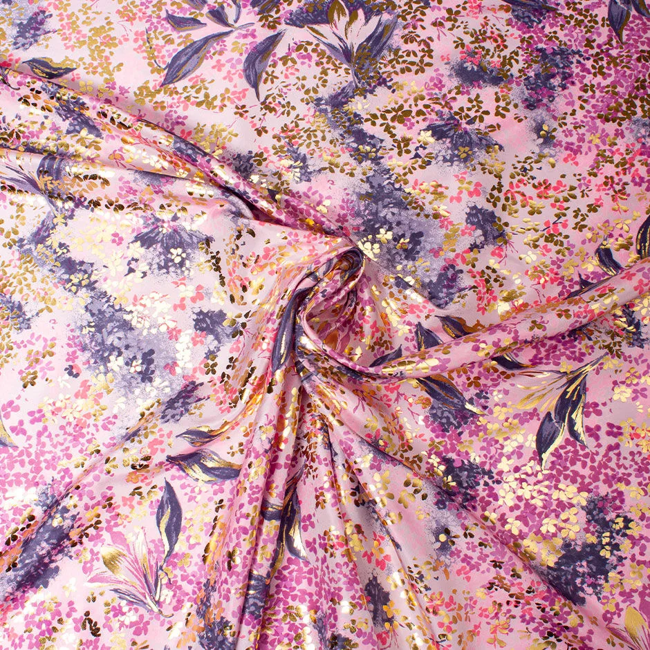 Purple Floral & Gold Laminated Lilac Silk Taffeta