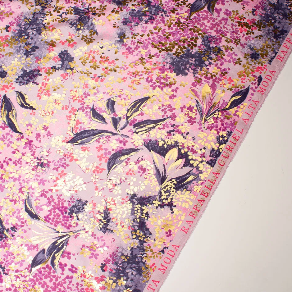 Purple Floral & Gold Laminated Lilac Silk Taffeta