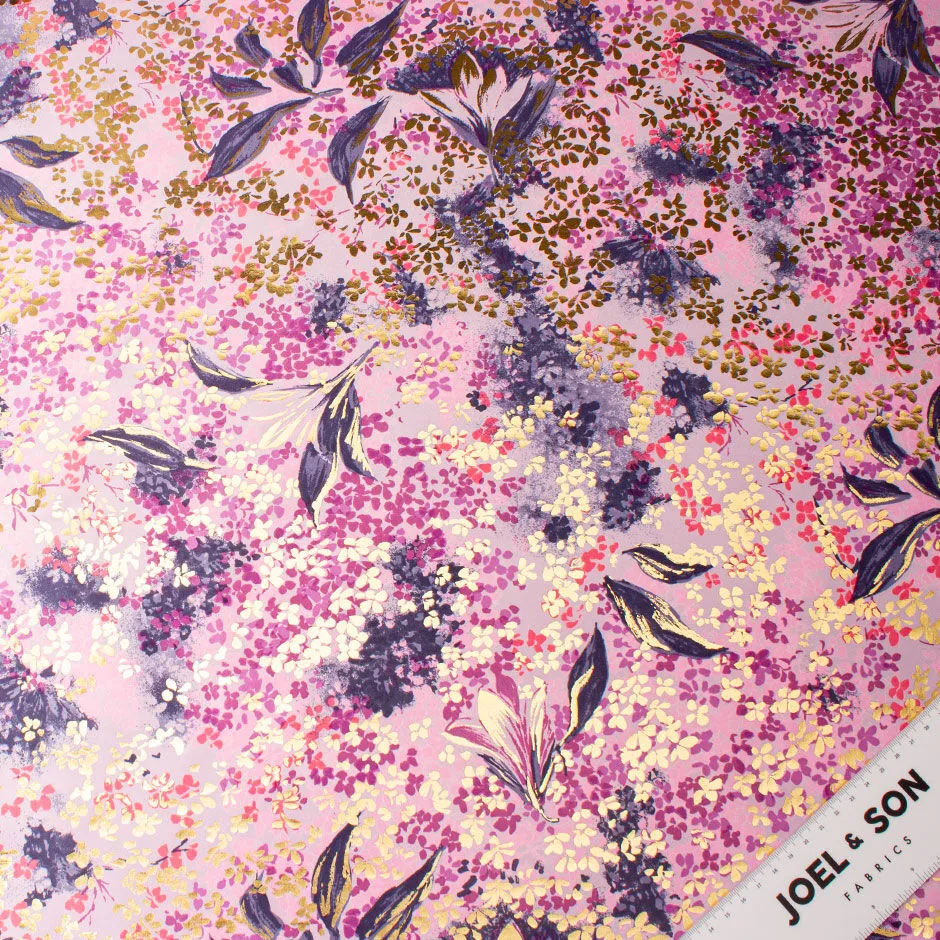 Purple Floral & Gold Laminated Lilac Silk Taffeta