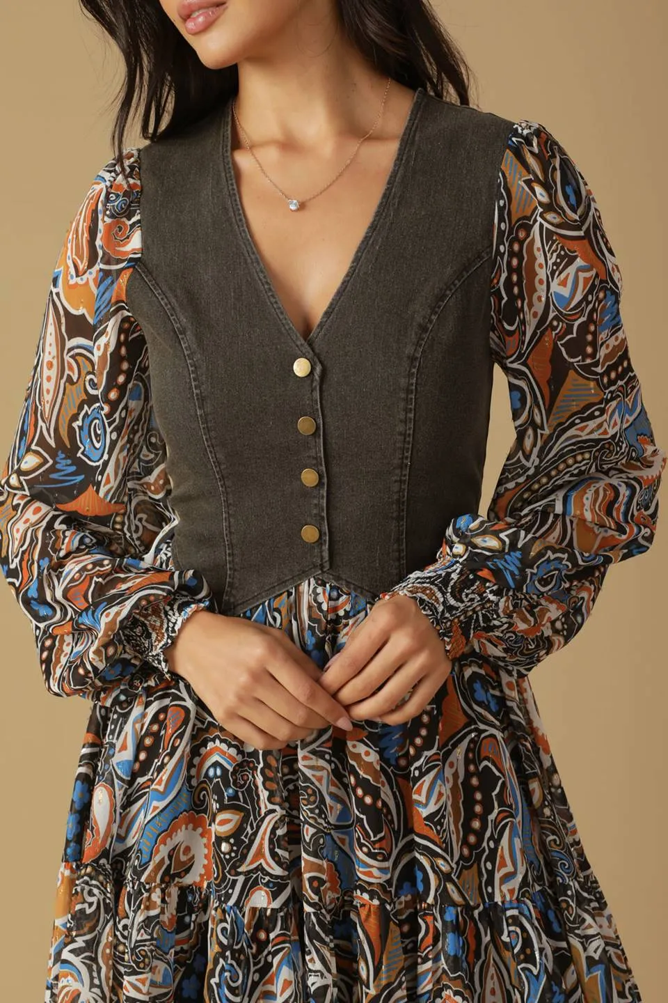 SAVOR THE SEASON WOVEN AND DENIM MINI DRESS