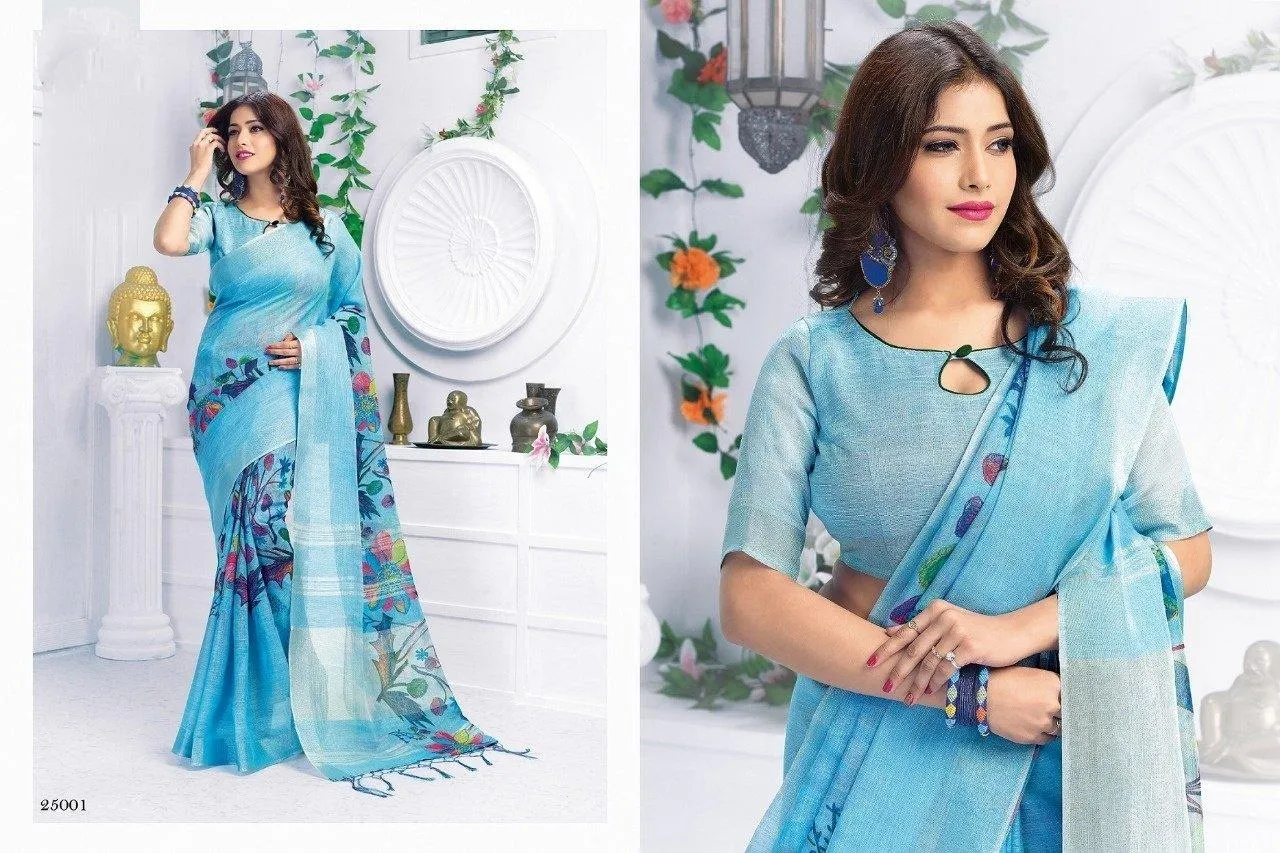 Solid Sky Blue Pure Linen Designer Printed Saree