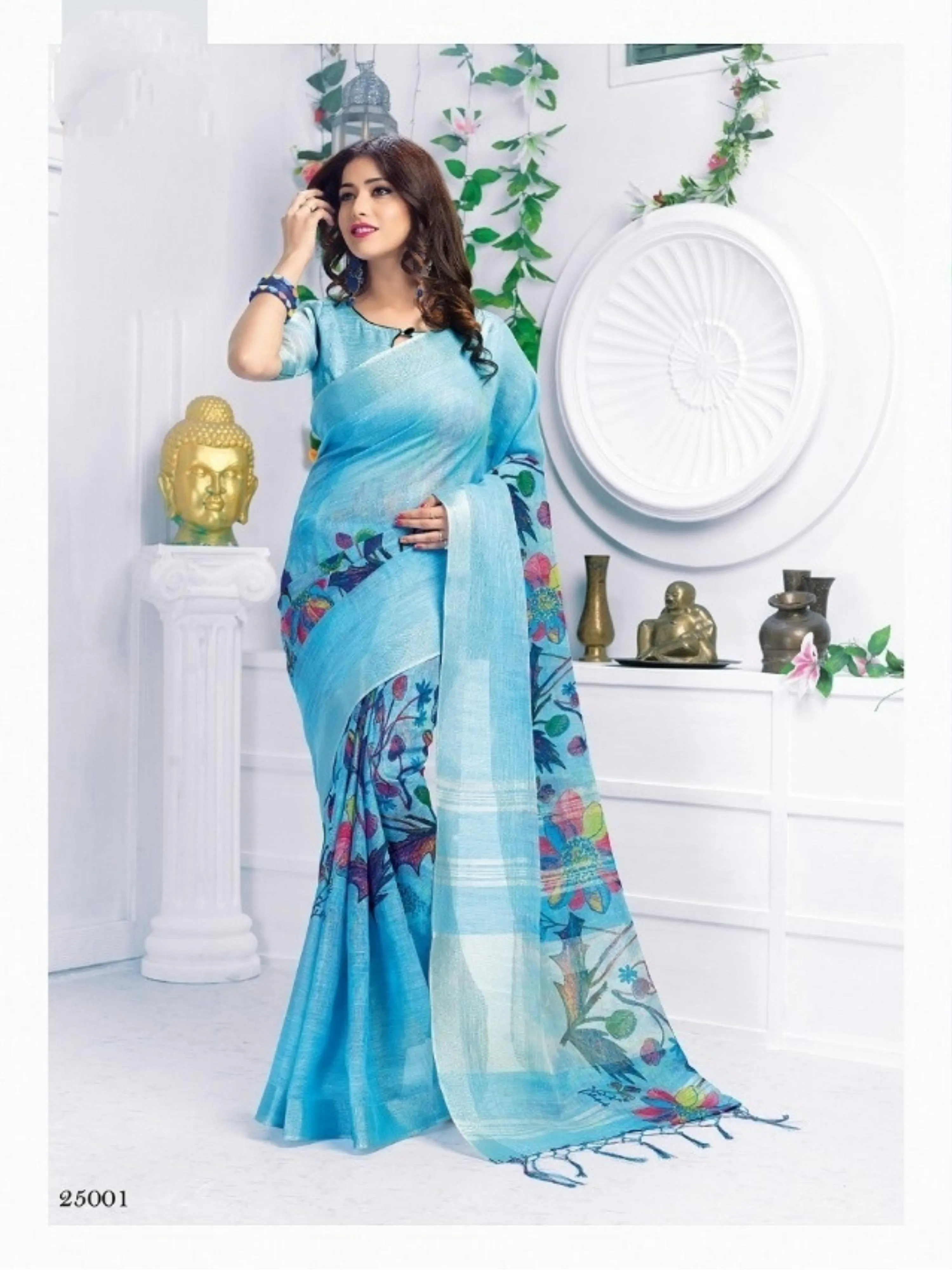 Solid Sky Blue Pure Linen Designer Printed Saree