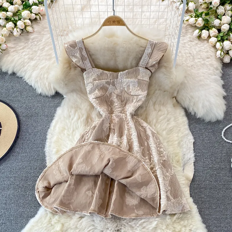 Square Collar Jacquard Dress Summer Short Vest Skirt 1405
