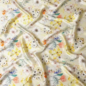 Sunshine Yellow Italian Pure Silk Satin Fabric with Vibrant Multi-Color Floral Print, 140cm Wide - Summery Elegance-D18709