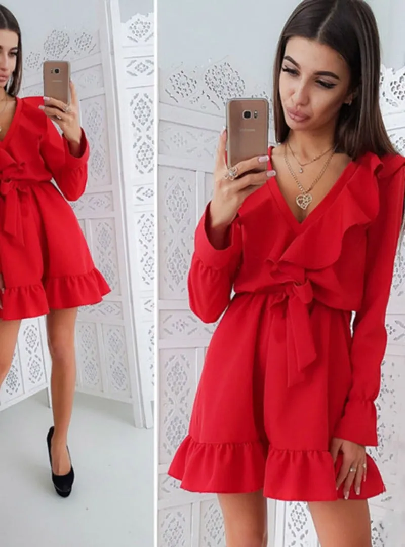 TastyHottie - Autumn Solid Color Ruffles Sashes Women Dress
