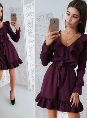 TastyHottie - Autumn Solid Color Ruffles Sashes Women Dress