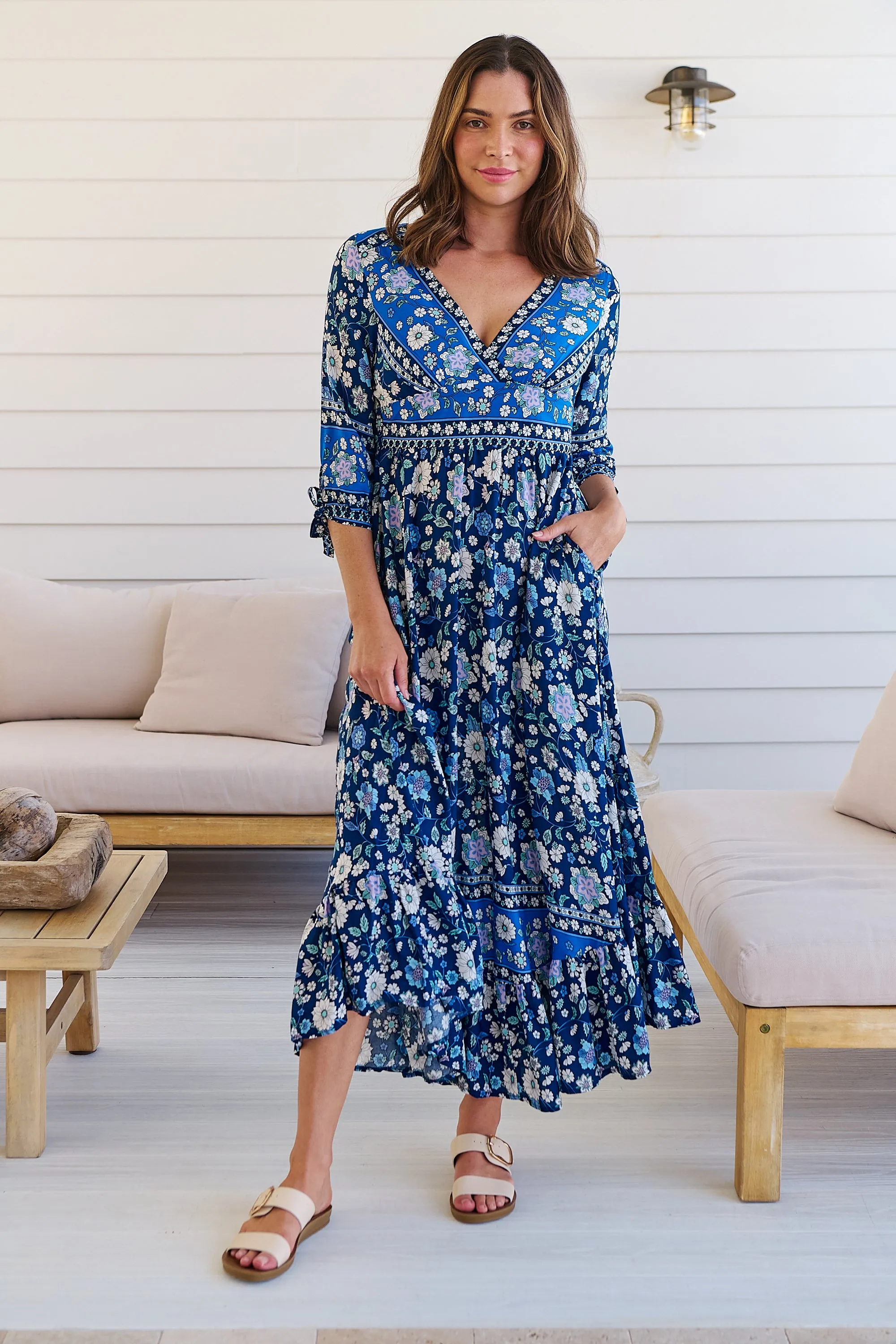 Willow Tie Sleeve Navy/Cobalt Blue Floral Print Maxi Dress