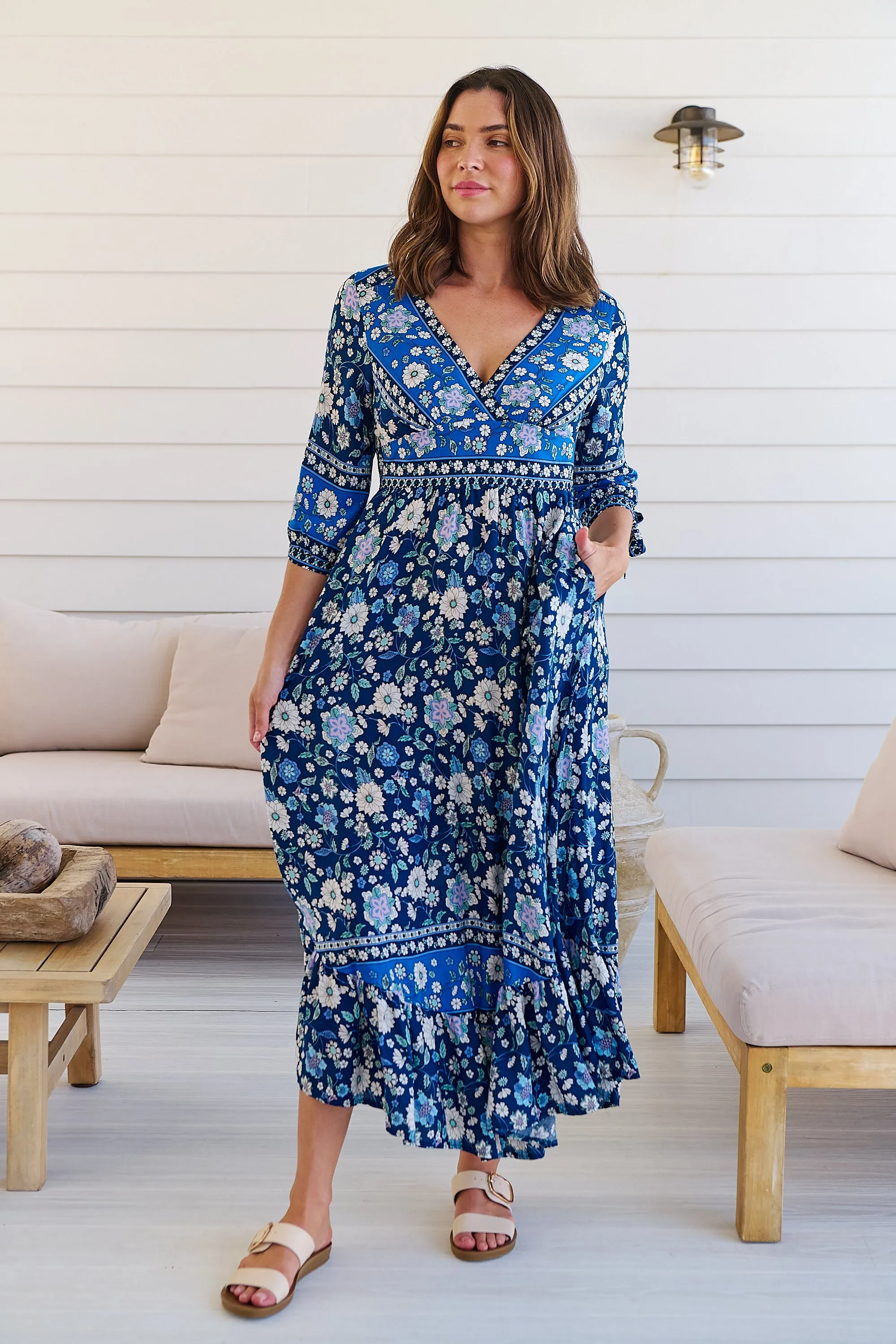 Willow Tie Sleeve Navy/Cobalt Blue Floral Print Maxi Dress